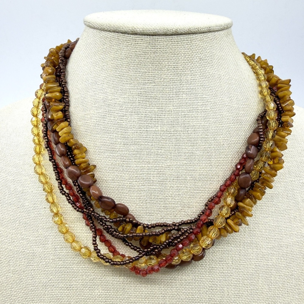 Multi-Strand Statement Necklace Boho Chic Amber Brown Beads Layered Festival